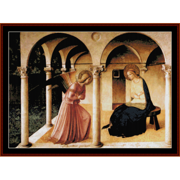 Counted Cross Stitch Pattern by Cross Stitch Collectibles depicting the Annunciation scene by Beato Angelico, featuring two figures in a room with arches.