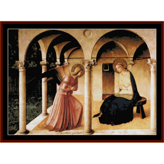 Counted Cross Stitch Pattern by Cross Stitch Collectibles depicting the Annunciation scene by Beato Angelico, featuring two figures in a room with arches.