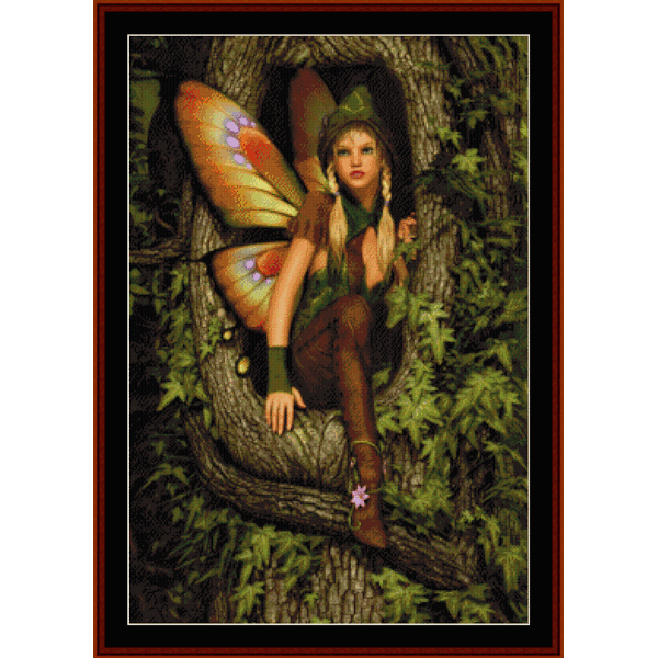 Counted Cross Stitch Pattern by Cross Stitch Collectibles depicting a fairy sitting on a branch with butterfly wings, surrounded by green foliage.