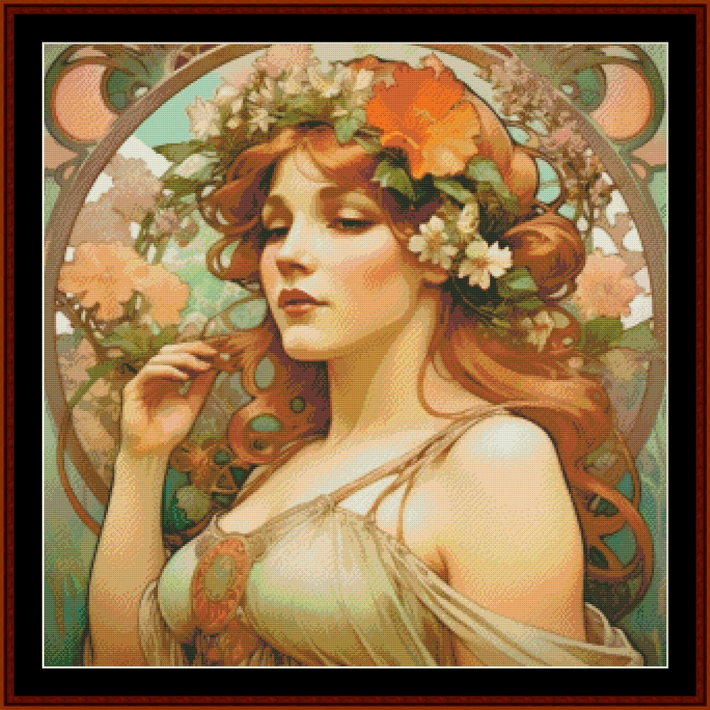 Counted Cross Stitch Pattern by Cross Stitch Collectibles depicting a stylized female figure with flowing hair and a floral sash, in a style reminiscent of Alphonse Mucha