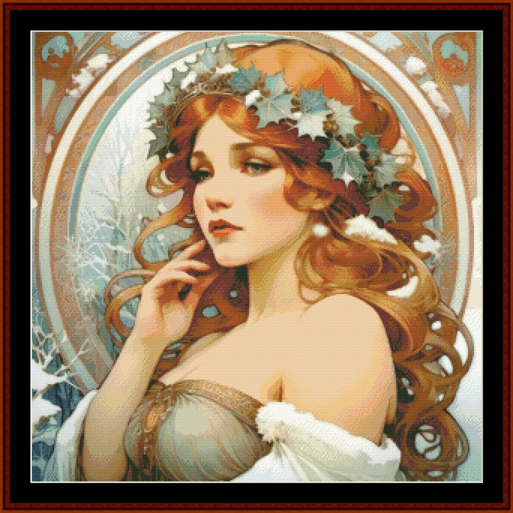 Counted Cross Stitch Pattern by Cross Stitch Collectibles featuring a stylized woman with flowing red hair and a decorative element in her hair, reminiscent of a Greek goddess, set against a wintry landscape background.
