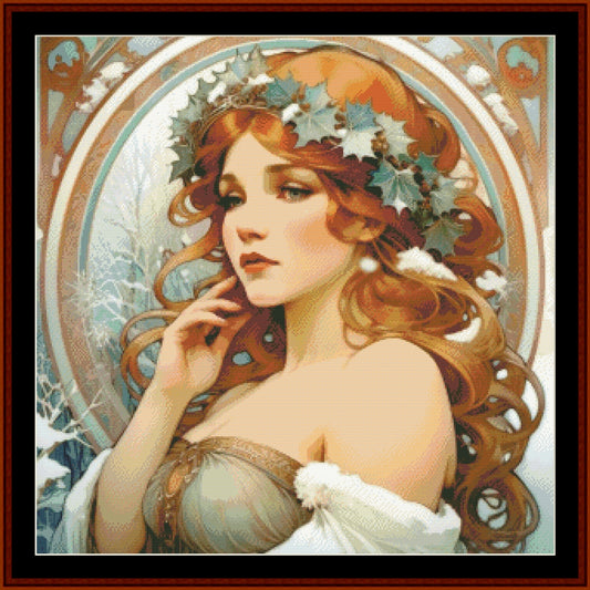 Counted Cross Stitch Pattern by Cross Stitch Collectibles featuring a stylized woman with flowing red hair and a decorative element in her hair, reminiscent of a Greek goddess, set against a wintry landscape background.