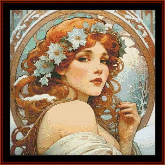 Counted Cross Stitch Pattern by Cross Stitch Collectibles featuring a stylized woman with flowing red hair and a floral design, reminiscent of Art Nouveau art.