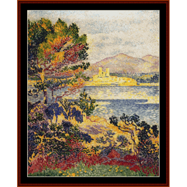 Counted Cross Stitch Pattern by Cross Stitch Collectibles of a landscape with trees, water, and mountains.