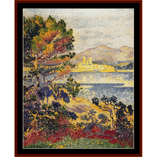 Counted Cross Stitch Pattern by Cross Stitch Collectibles of a landscape with trees, water, and mountains.