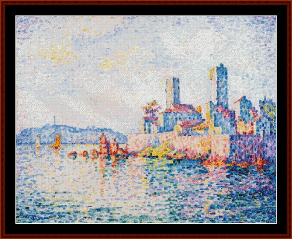 Cross Stitch Pattern by Cross Stitch Collectibles depicting a vibrant cityscape with the sea and buildings, reminiscent of the Impressionist style.