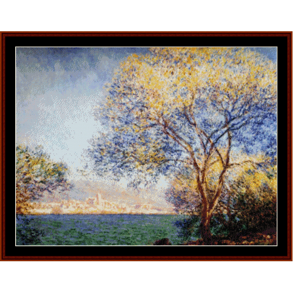 Counted Cross Stitch Pattern by Cross Stitch Collectibles depicting a morning scene by the water with a prominent tree, buildings in the background, and a clear sky.