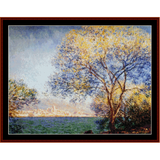 Counted Cross Stitch Pattern by Cross Stitch Collectibles depicting a morning scene by the water with a prominent tree, buildings in the background, and a clear sky.