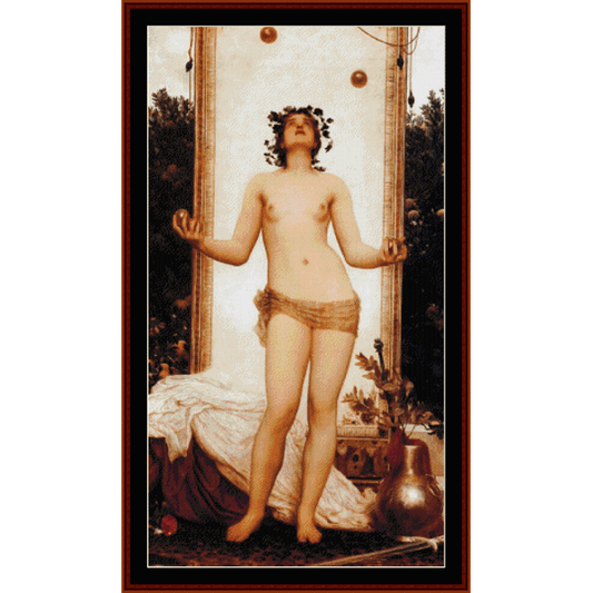 Counted Cross Stitch Pattern by Cross Stitch Collectibles - Nude figure standing in a classical setting with draped fabric and decorative elements.