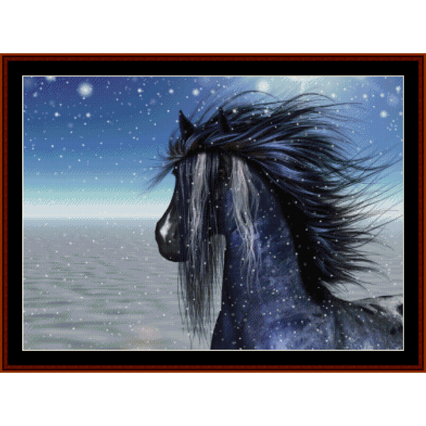 Counted Cross Stitch Pattern by Cross Stitch Collectibles depicting a black horse with a flowing mane against a wintry backdrop with snow and a starry sky.