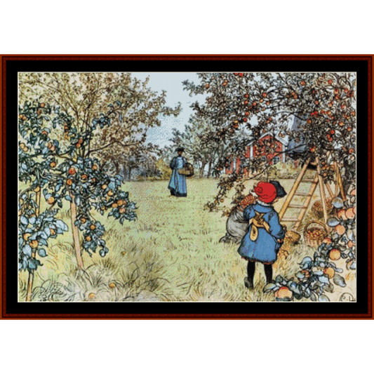 Counted Cross Stitch Pattern by Cross Stitch Collectibles depicting a scene with children and apple trees