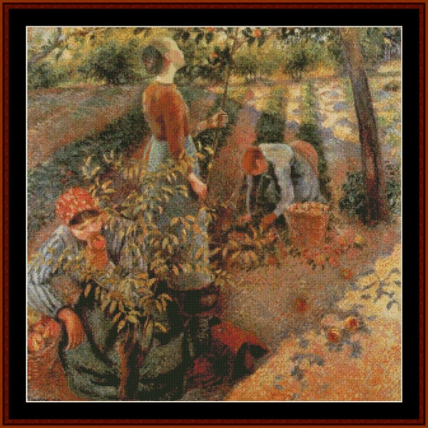 Counted Cross Stitch Pattern by Cross Stitch Collectibles depicting a scene of people picking apples from trees.
