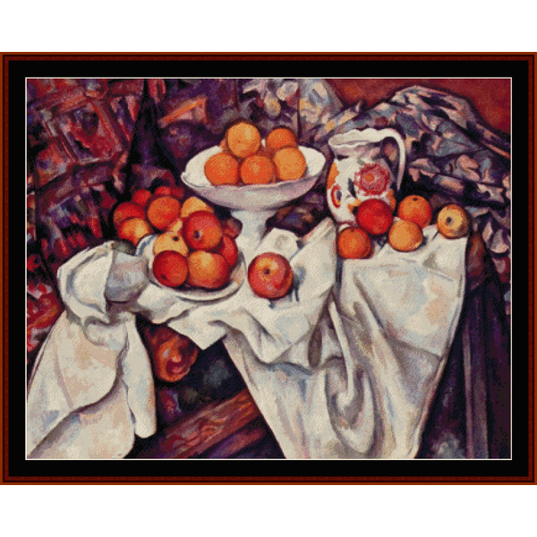 Counted Cross Stitch Pattern by Cross Stitch Collectibles depicting a still life with apples and oranges inspired by Paul Cezanne's artwork.