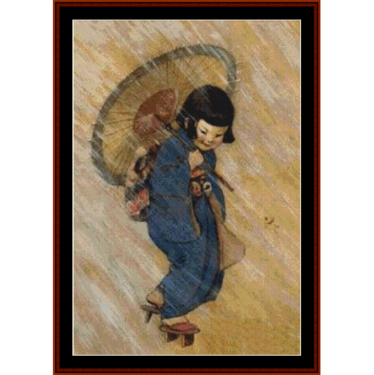 Counted Cross Stitch Pattern by Cross Stitch Collectibles of a woman in traditional attire with an umbrella on a textured background