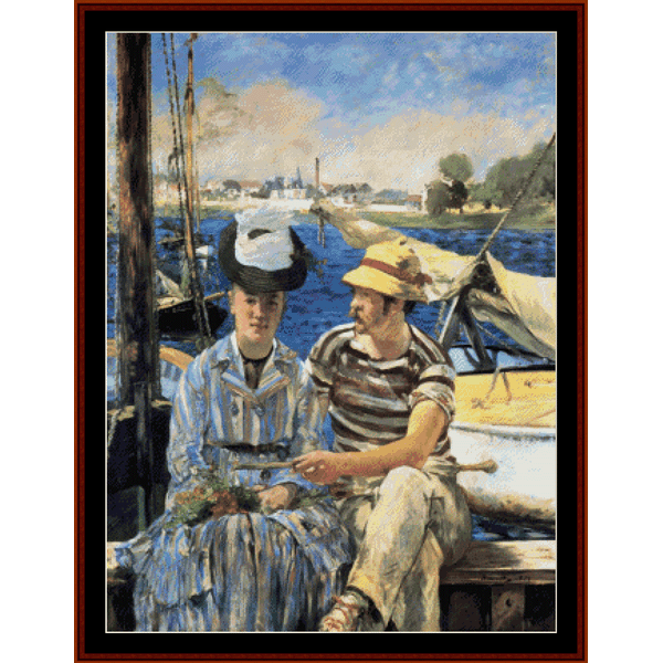 Counted Cross Stitch Pattern by Cross Stitch Collectibles depicting two individuals seated on a boat, with a detailed and colorful backdrop.