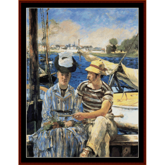 Counted Cross Stitch Pattern by Cross Stitch Collectibles depicting two individuals seated on a boat, with a detailed and colorful backdrop.