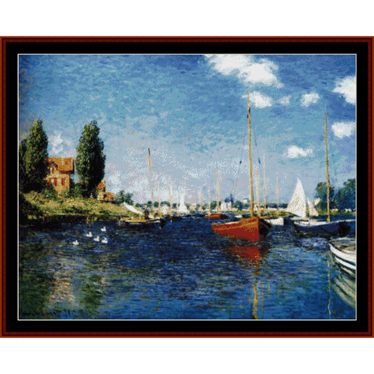 Counted Cross Stitch Pattern by Cross Stitch Collectibles of a Monet painting depicting a harbor scene with sailboats.