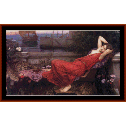 Counted Cross Stitch Pattern by Cross Stitch Collectibles depicting a person in a red dress reclining, with boats and a landscape in the background.