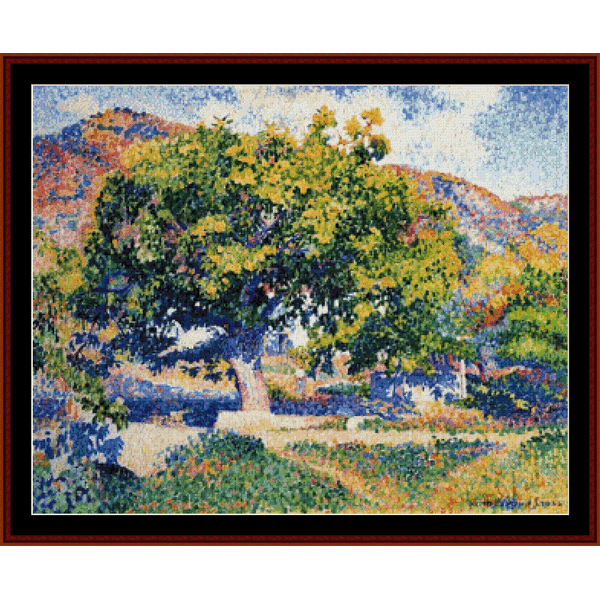 Colorful landscape Counted Cross Stitch Pattern by Cross Stitch Collectibles with a large tree in the center, featuring a variety of colors.