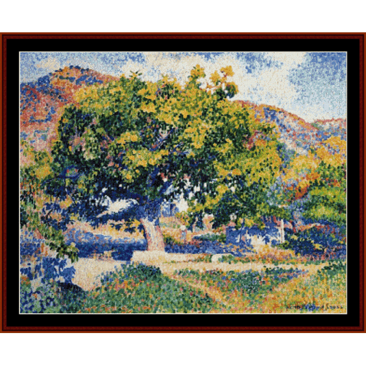 Colorful landscape Counted Cross Stitch Pattern by Cross Stitch Collectibles with a large tree in the center, featuring a variety of colors.