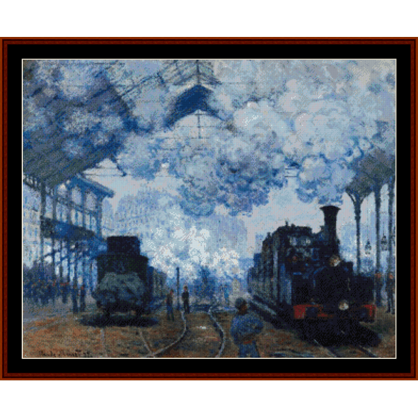 Counted Cross Stitch Pattern by Cross Stitch Collectibles depicting 'Arrival of a Train' by Vincent Van Gogh, with a train and station platform in blue tones.
