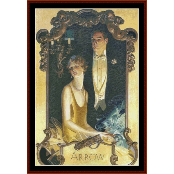Vintage-style Counted Cross Stitch Pattern by Cross Stitch Collectibles of a man and woman in formal attire with 'Arrow' branding.