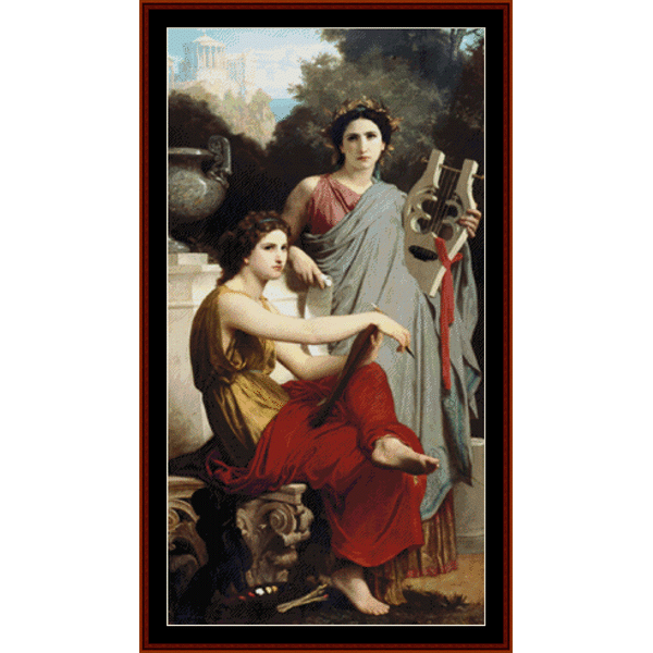 Counted Cross Stitch Pattern by Cross Stitch Collectibles depicting two figures, likely a representation of art and literature themes, with one figure holding a book.
