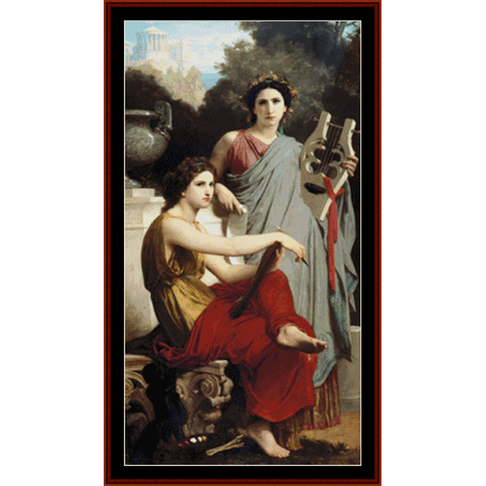 Counted Cross Stitch Pattern by Cross Stitch Collectibles depicting two figures, likely a representation of art and literature themes, with one figure holding a book.