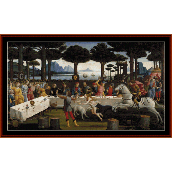 Counted Cross Stitch Pattern by Cross Stitch Collectibles depicting a scene with people, buildings, and a landscape, likely inspired by the art of Sandro Botticelli.