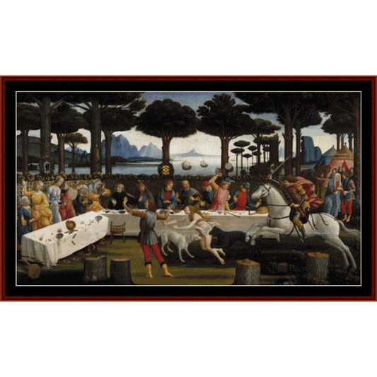 Counted Cross Stitch Pattern by Cross Stitch Collectibles depicting a scene with people, buildings, and a landscape, likely inspired by the art of Sandro Botticelli.
