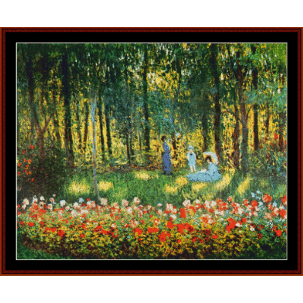 Counted Cross Stitch Pattern by Cross Stitch Collectibles of a Claude Monet painting, featuring a garden scene with people.