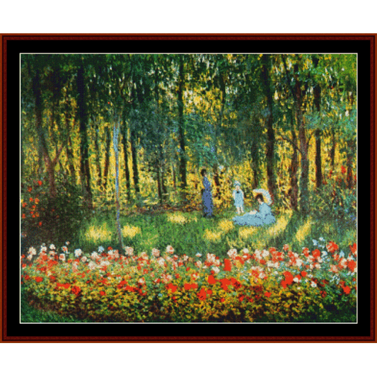 Counted Cross Stitch Pattern by Cross Stitch Collectibles of a Claude Monet painting, featuring a garden scene with people.
