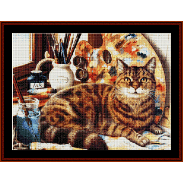 Counted Cross Stitch Pattern by Cross Stitch Collectibles depicting a realistic cat with a background of artistic tools such as paintbrushes and an artist's palette.