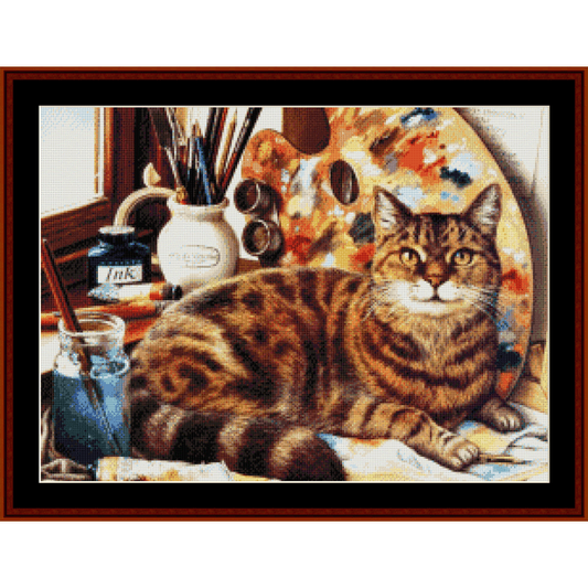 Counted Cross Stitch Pattern by Cross Stitch Collectibles depicting a realistic cat with a background of artistic tools such as paintbrushes and an artist's palette.