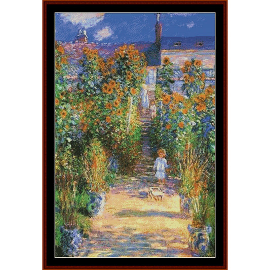 Counted Cross Stitch Pattern by Cross Stitch Collectibles of a garden path with sunflowers and a child