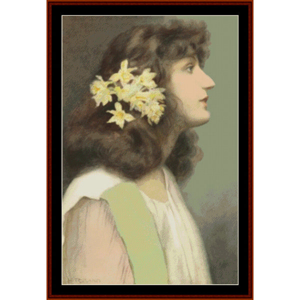 Vintage-style Counted Cross Stitch Pattern by Cross Stitch Collectibles of a woman with flowers in her hair