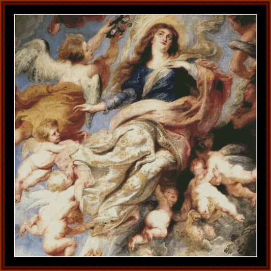 Counted Cross Stitch Pattern by Cross Stitch Collectibles depicting the Assumption of the Virgin, featuring a woman in a blue and gold robe surrounded by angels in a heaven-like setting.