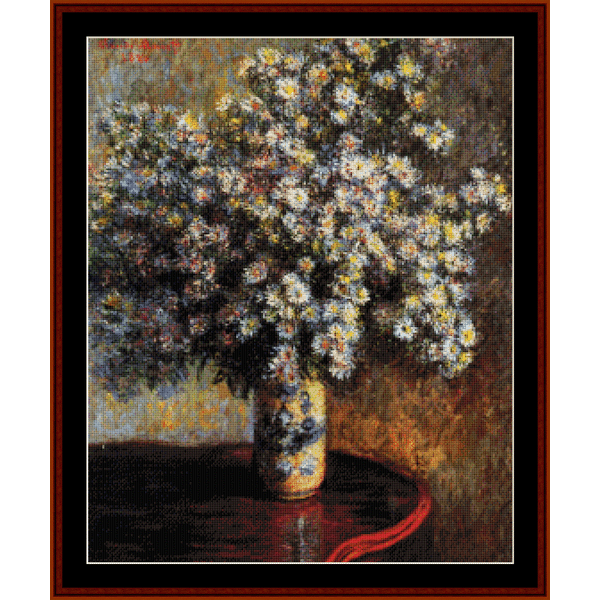 Counted Cross Stitch Pattern by Cross Stitch Collectibles depicting a vase of asters flowers, inspired by Claude Monet's artwork.
