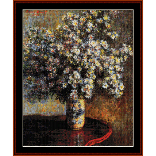 Counted Cross Stitch Pattern by Cross Stitch Collectibles depicting a vase of asters flowers, inspired by Claude Monet's artwork.