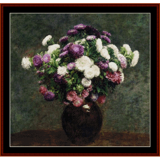 Counted Cross Stitch Pattern by Cross Stitch Collectibles depicting a vase of multicolored flowers, primarily in purple and white tones.