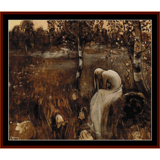 Counted Cross Stitch Pattern by Cross Stitch Collectibles depicting a scene with a figure in a white dress standing near a tree with a dark, moody atmosphere.