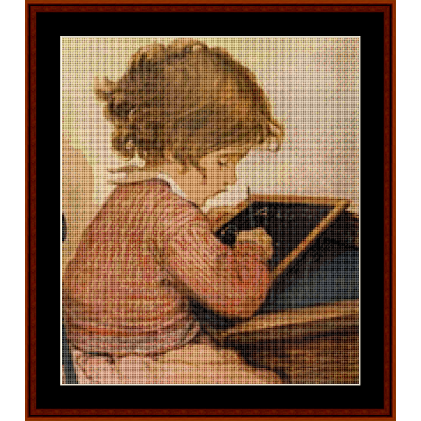 Counted Cross Stitch Pattern by Cross Stitch Collectibles depicting a child with curly hair, wearing a striped red and blue shirt, sitting at a desk and writing or drawing on a piece of paper.