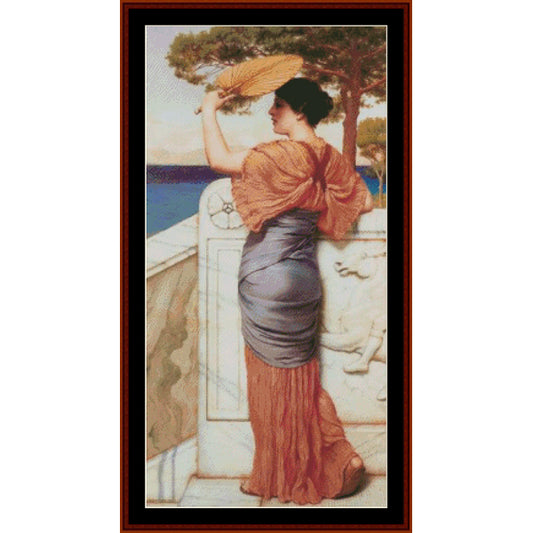 Counted Cross Stitch Pattern by Cross Stitch Collectibles of a woman in an orange dress by a body of water