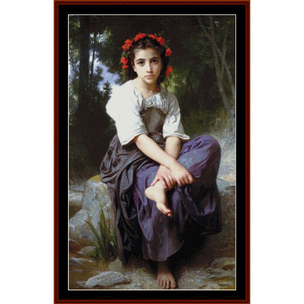 Counted Cross Stitch Pattern by Cross Stitch Collectibles featuring a young girl seated by a fountain, with a wreath of red flowers on her head, wearing a white shirt and purple skirt.
