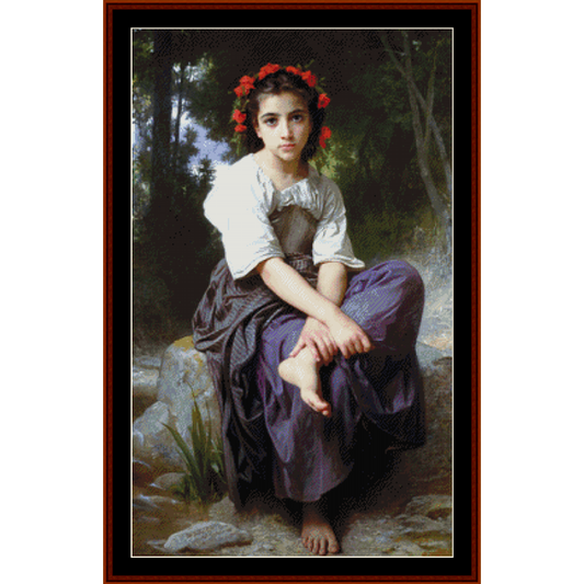 Counted Cross Stitch Pattern by Cross Stitch Collectibles featuring a young girl seated by a fountain, with a wreath of red flowers on her head, wearing a white shirt and purple skirt.