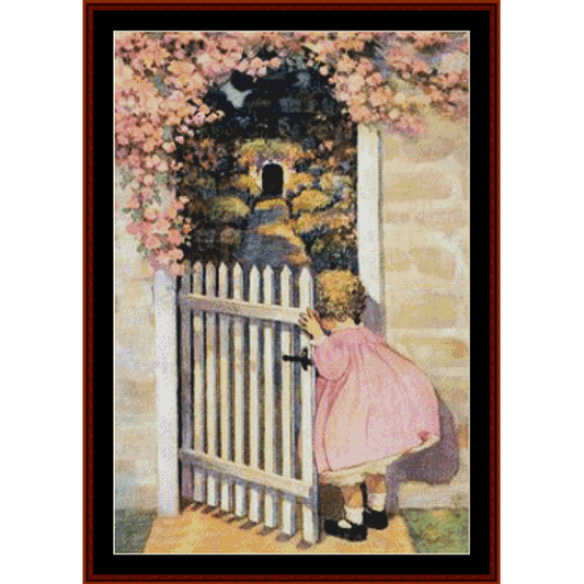 Counted Cross Stitch Pattern by Cross Stitch Collectibles depicting a child in a pink dress at a garden gate with pink flowers on the gate and in the background.