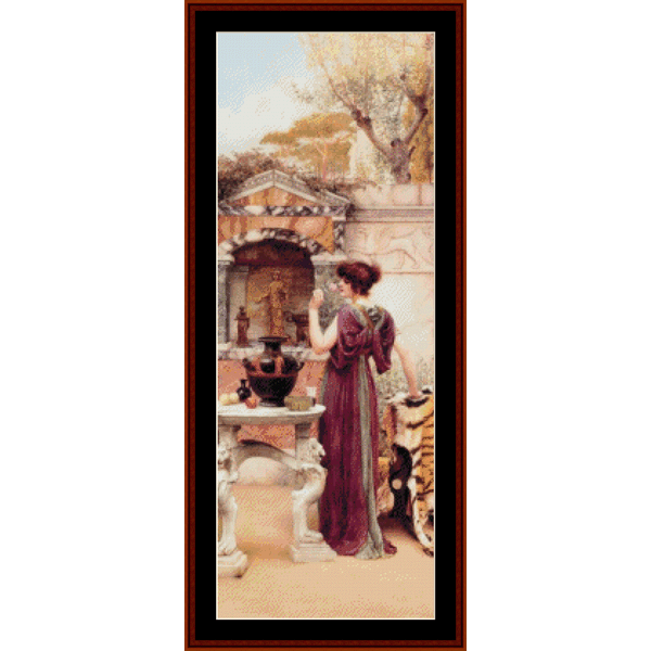 Counted Cross Stitch Pattern by Cross Stitch Collectibles depicting a woman in a purple dress standing at a garden shrine, with a full-color image to guide the stitching.