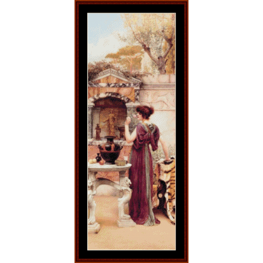 Counted Cross Stitch Pattern by Cross Stitch Collectibles depicting a woman in a purple dress standing at a garden shrine, with a full-color image to guide the stitching.