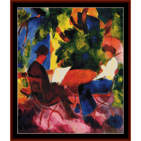 Counted Cross Stitch Pattern by Cross Stitch Collectibles featuring figures seated at a table in a garden setting, with colorful clothing and a green tree in the background.