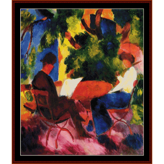 Counted Cross Stitch Pattern by Cross Stitch Collectibles featuring figures seated at a table in a garden setting, with colorful clothing and a green tree in the background.